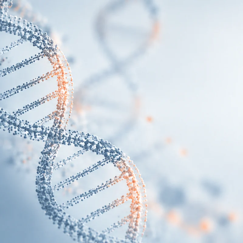 Blue and orange DNA double helix on a light background