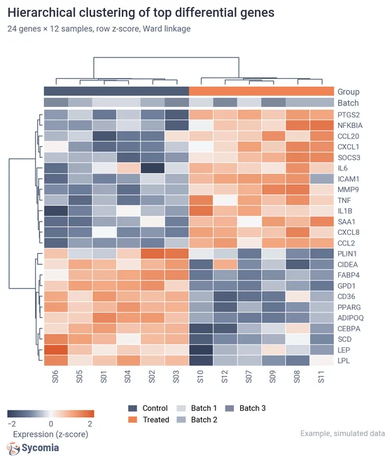 Example figure: hierarchical clustering heatmap of the top differentially expressed genes